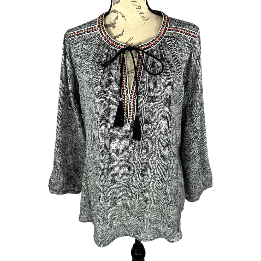 Daniel Rainn Womens Herringbone Tassel Tie Peasant Blouse